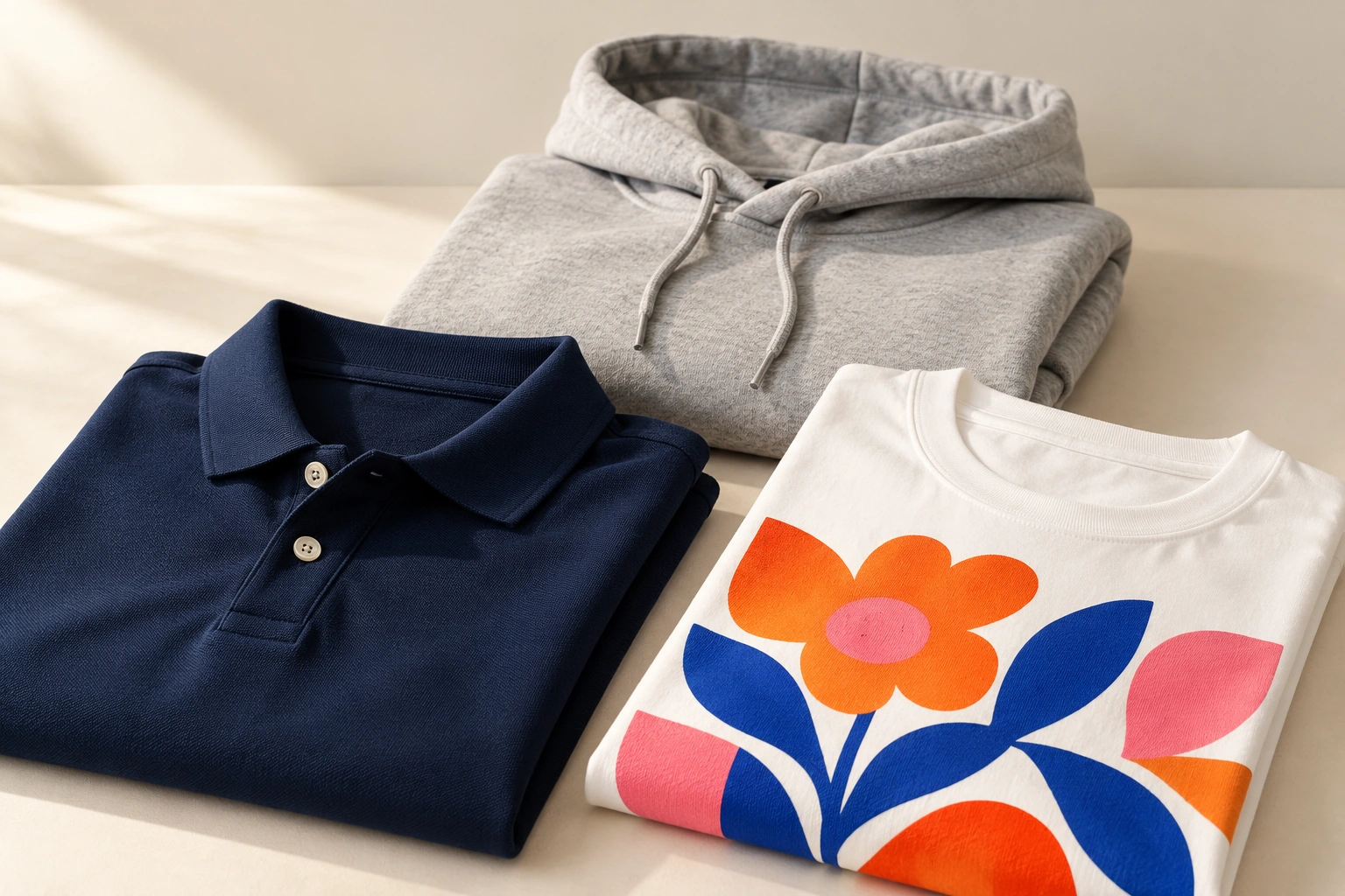 Folded navy polo, printed T-shirt and grey hoodie