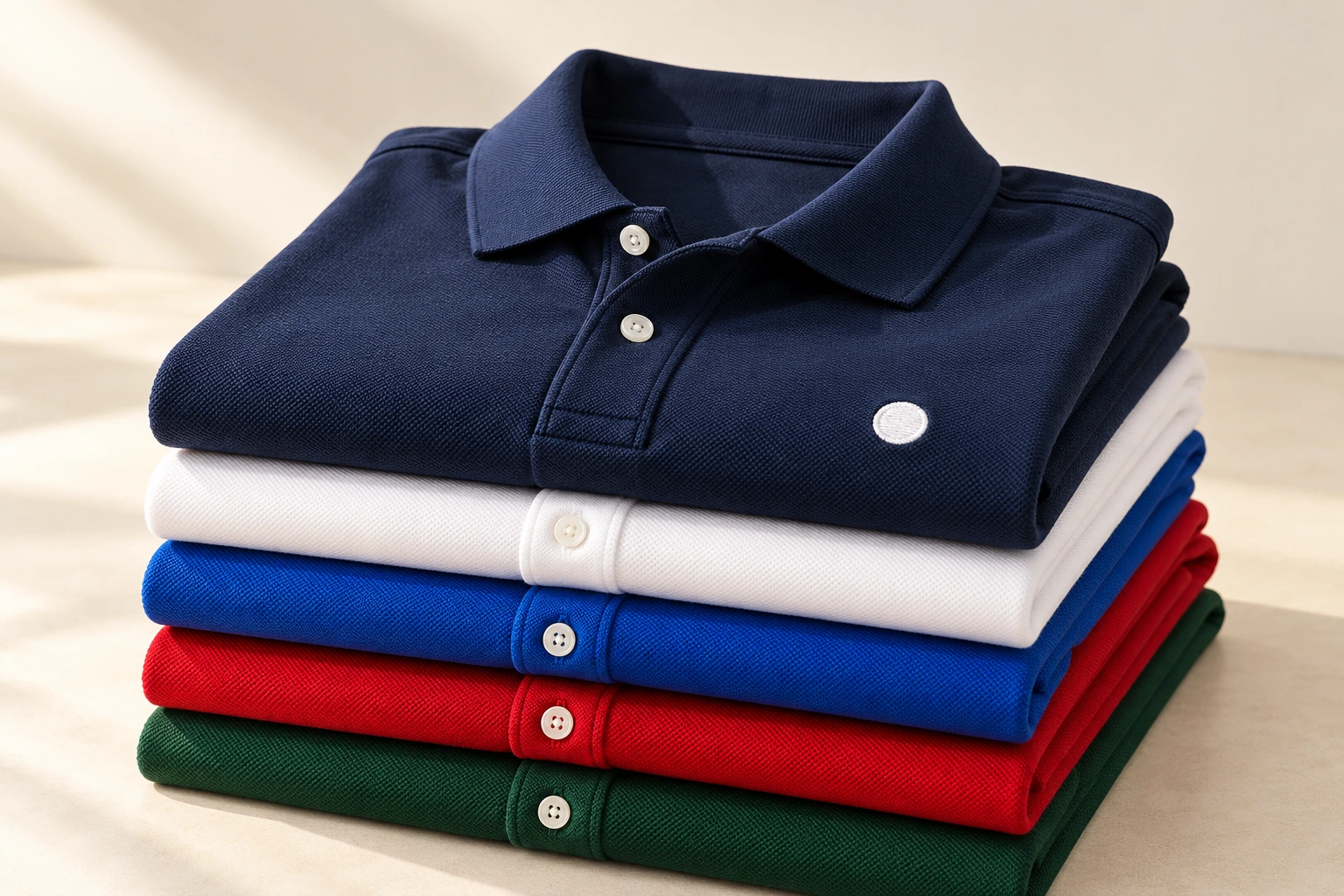 Neatly stacked team polos in navy, white, blue, red and green